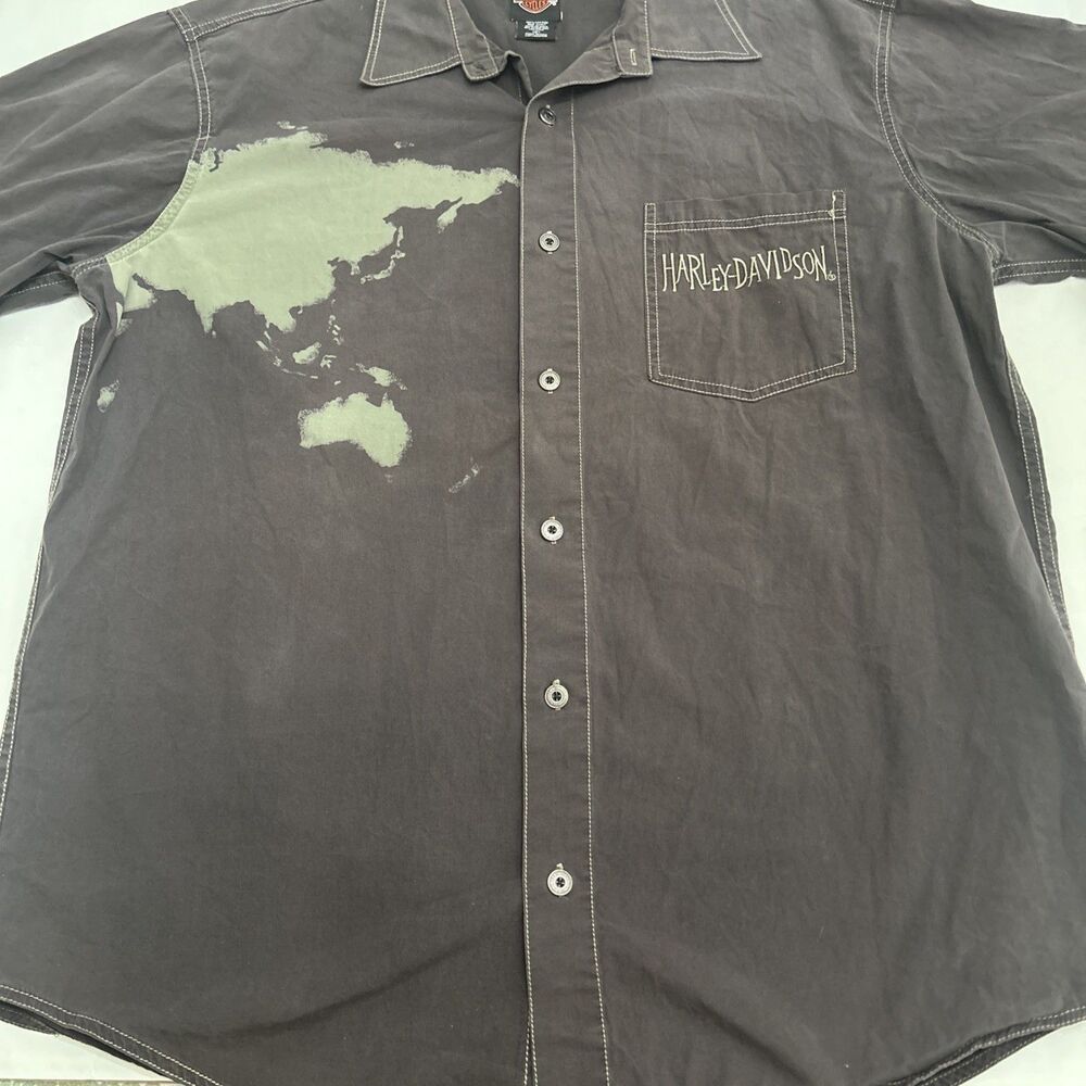 Harley Davidson Global Bleached & Embroidered Button Up Short Sleeve Shirt - XL